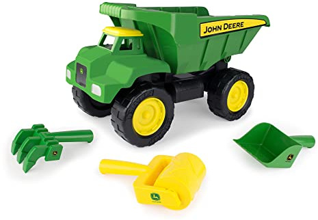 John Deere Big Scoop Dump Truck Toy with Sandbox Tools - Construction Toys Featuring Dump Truck, Sand Toys, and Tractor Wheel Roller - Kids Sandbox Toys - Easter Gifts for Kids - Ages 3 Years and Up