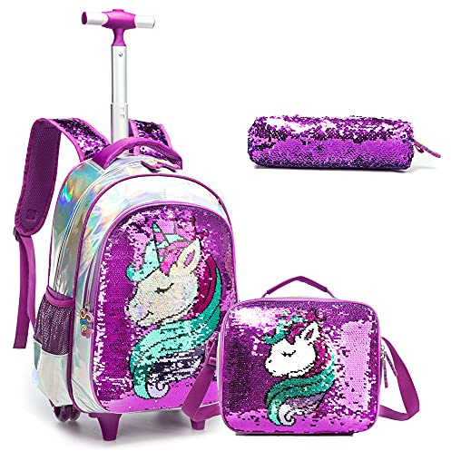Egchescebo Sac à Dos a Roulette Pour Enfant Fille D'école Licorne Scolaires Cartables et Trousses Grande Capacité avec Cartable Ecole Primaire Chariot pour Cartable de Voyage Valise 17 Violet