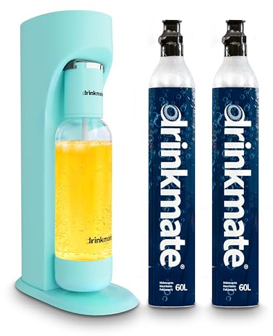 Drinkmate OmniFizz Sparkling Water Maker & Soda Streaming Machine | Carbonates Any Drink | VALUE KIT | Includes Two 60L CO2 Cartridges + One BPA-Free Bottle (Arctic Blue)