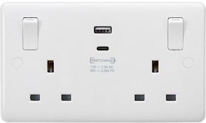 Knightbridge Curved Edge White 13A Double Switched Socket with Outboard Rockers and Dual USB (A+C) QC18W / PD45W (CU9003)