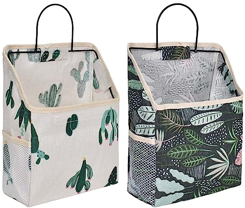 Mikihat 2 Pezzi Borsa Portaoggetti da Parete in Lino Cotone, Borsa da Parete con Struttura in Metallo, Cesto da Parete con Gancio, Modello di Cactus e Piante, Organizzatore da Parete Appeso