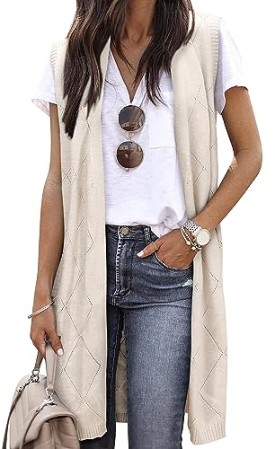ZXZY Sleeveless Cardigans for Women Cozy Trendy Open Front Sweater Duster Long Vest Beige