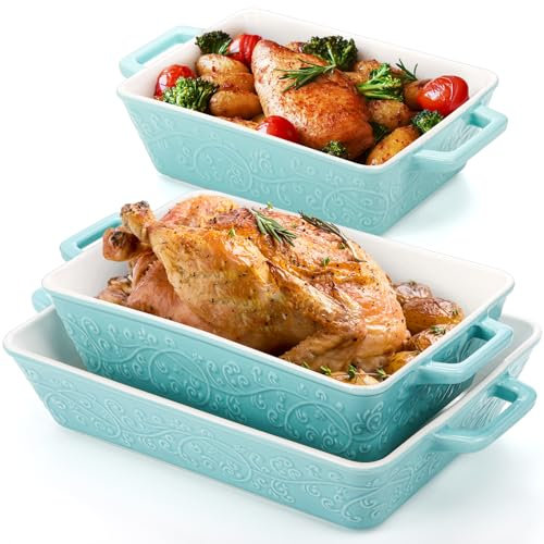 Okllen 3er Set Auflaufformen für Ofen, Keramik Auflaufformen mit Griffen, Rechteckige Lasagnepfanne Backformen-Set zum Backen Kochen, Braten, Braten, Gratin, Hochzeit & Einweihungsgeschenk, Blau