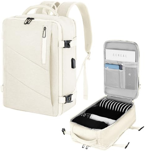 VOESLD Sac a Dos Bagage Cabine 40x20x25 pour Ryanair, Sac a Dos Voyage Beige Sac à Dos Ordinateur Portable Femme Homme Sacs à Dos Loisir avec Port USB 20L