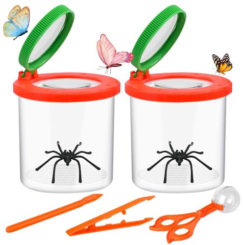 2 Pcs Becherlupe Set für Kinder (5 Stück) - Lupenglas, Lupenbecher, Pinzette, Clip & Ahle - Insektenbeobachtung & Naturforschung - 3X & 6X Vergrößerung