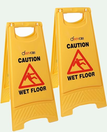 DIVCHI Warning Caution Wet Floor Sign Yellow - Cleaning In Progress Floor Sign Printed On The Other Side – Mini Wet Floor Sign Ideal For Commercial Business Use (Pack Of 2)