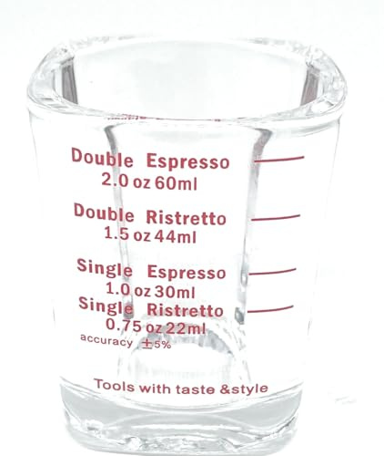 Taza medidora de café de cristal de 60 ml con marcas rojas, perfecta para chupitos de espresso, jiggers Pyrex y vasos Cortado.
