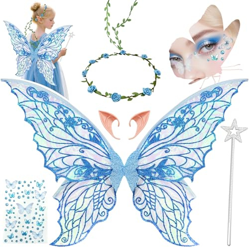YeahBoom Ailes de Fée Enfant,Ailes de Papillon avec Oreilles d'Elfe,Bandeau de Fée Et Baguettes de Fée Étoile,Ailes de Papillon, Ailes de Princesse, Costume d'Aile pour Carnaval ou Soirées