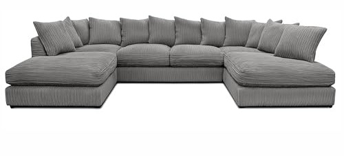 SofaSelection Jumbo Cord U-Shape Sofa — The Cosy Centre of the Family Lounge, Modular Sofa for 6-7 People with Memory Foam, Machine-Washable Covers, Birch Frame, UK Made (Grey, Scatter Back)