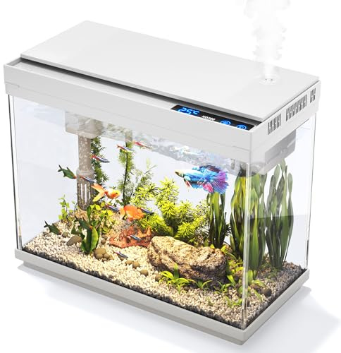 Vehipa Aquarios de Peixes, Acuario de 9L con Humidificador Inteligente, Sistema de Filtración Silencioso 3 en 1, Indicador de Temperatura, Iluminación de 7 Colores