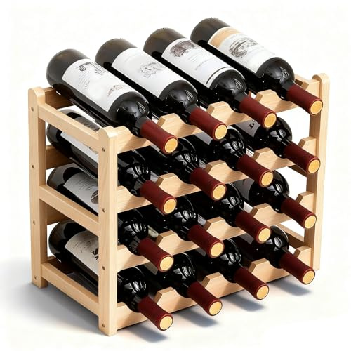 QYRDBGY 16 Bottles Wooden Wine Rack, 4 Tier Stackable Wine Storage Racks Free Standing Bottle Rack for Cupboard Home Kitchen Pantry Wine Cellar