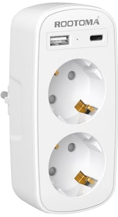 Ladrón Enchufes 4 en 1 con USB-A y USB-C, Enchufe Doble para Pared, Compacto para Familia, Cocina y Oficina, Blanco, 4000W/16A