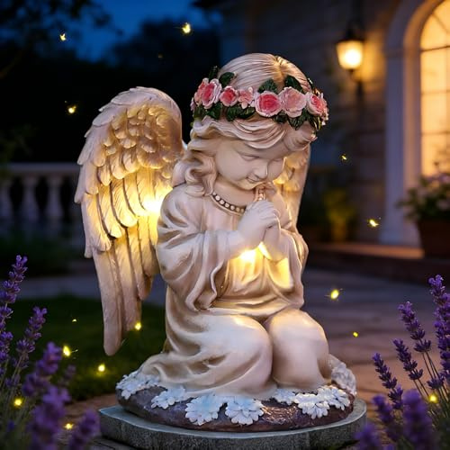 ZMCVOE Statue da giardino a forma di angelo, scultura decorativa per prato, resistente alle intemperie, a LED, angelo solare per tomba, per esterni, giardini e terrazze (angelo di preghiera A)