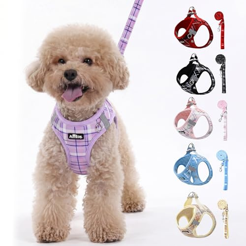 AIITLE Set hundselar + koppel reflekterande justerbar, lila XS | mjuk väst, rutmönster, andas, vadderad, ingen dragning, för alla hundar, promenader, löpning, camping
