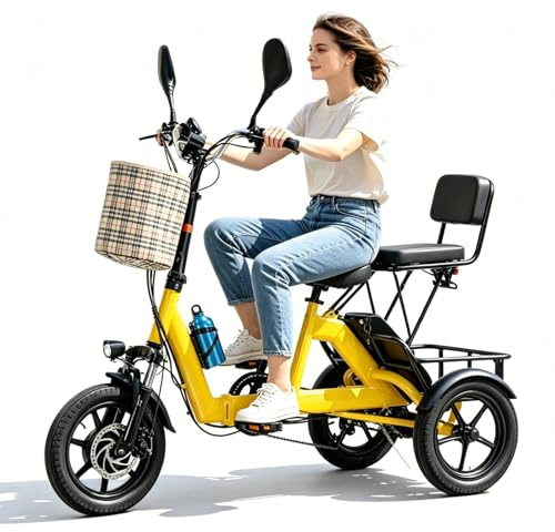 HZWJD Bici Elettriche,Triciclo Elettrico,Triciclo Pieghevole,E-Bike A 2 Posti,Batteria Rimovibile,Bicicletta Elettrica A 3 Ruote con Telaio Ribassato,Triciclo per Adulti E Genitori Yellow
