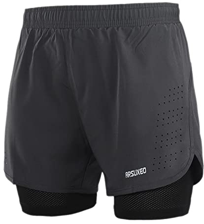 ARSUXEO Herr aktiv träning löpning shorts 2 i 1 grå storlek XX-Large