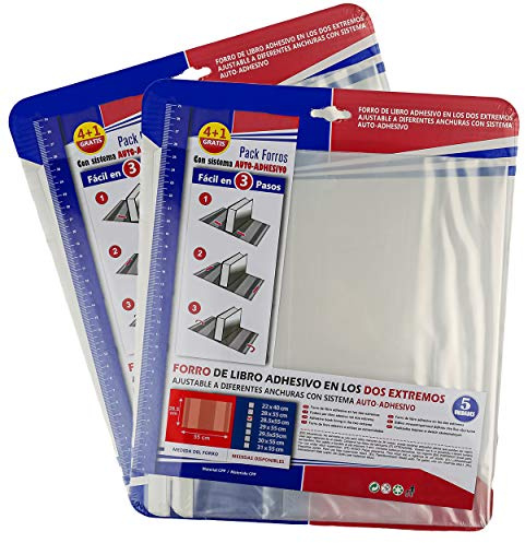 Forro de Libros Autoadhesivo y Ajustable Transparente Adhesivo en los dos Extremos - Pack de 10 Unidades Forra Fácil 28,5x55 cm