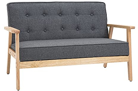 HOMCOM Sofá de 2 Plazas, Tapizado en Lino Sintético 113x67x78 cm Gris | Sofá Nórdico, Patas y Reposabrazos de Madera de Caucho, Respaldo Acolchado, para Salón Dormitorio Oficina Sala de Estar