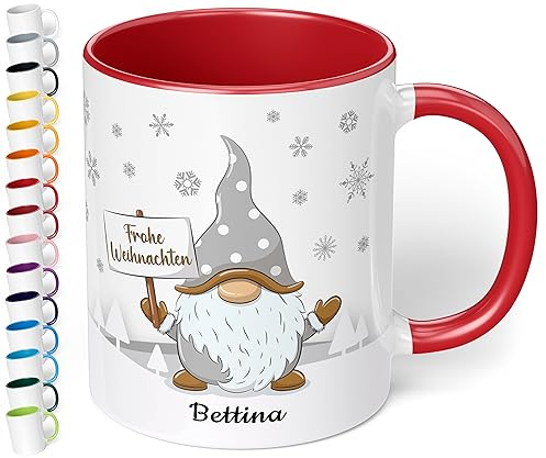 True Statements Weihnachtstasse mit Namen „Frohe Weihnachten“ - mit Gold-Wichtel-Motiv - 330ml - personalisierter Keramik Kaffee-Becher mit Spruch – individuelles kleines Geschenk (Rot)