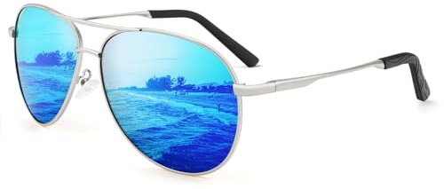HENGOSEN Lunettes de soleil aviateur pour homme et femme - Lunettes de soleil polarisées - Cadre en métal - Unisexe - Lunettes de soleil avec protection UV400, 05 argenté/bleu glacier, s