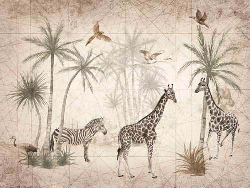 Grandeco Animal Jungle Giraffe Zebra Palm Trees 7 Lane Wallpaper Mural Beige 2.8 x 3.71m ML1501