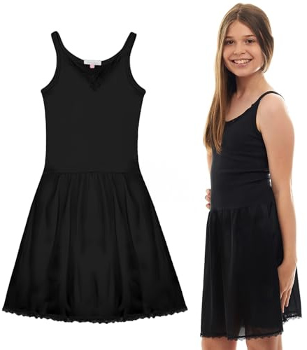 Valair Candyland Full Slip for Girls Sleeveless 100% Cotton Camisole-Style Top with Cling-Free Silky 100% Nylon Bottom, Lovely Lace Design (Black, 6)
