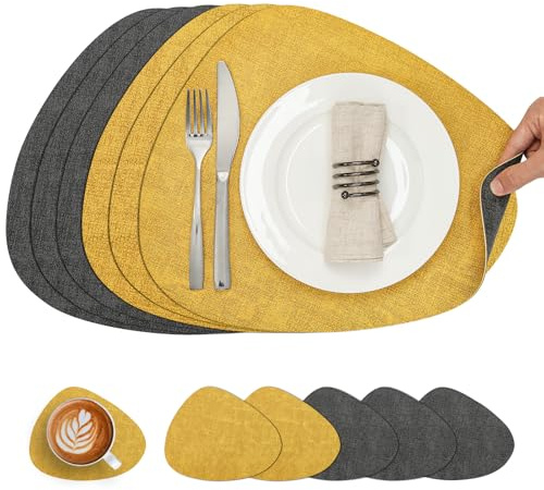 Chitomars Placemats and Coasters Set of 6 Dual Sided Faux Leather Table Mat | Heat Resistant Washable Place Mats Non Slip Waterproof PU Leather Placemat for Dining Table Indoor Outdoor (Grey Yellow)