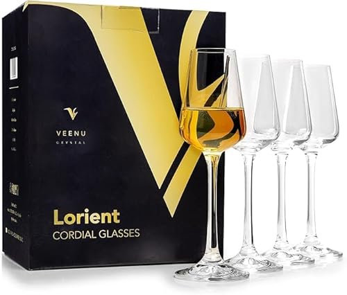 Veenu Crystal Wine Glasses Set of 4 Unique Crystal Cordial Stemmed Red & White Port Wine Glass Set, 100% Lead-Free Glass (VC_Sandra_65ML_SO4)