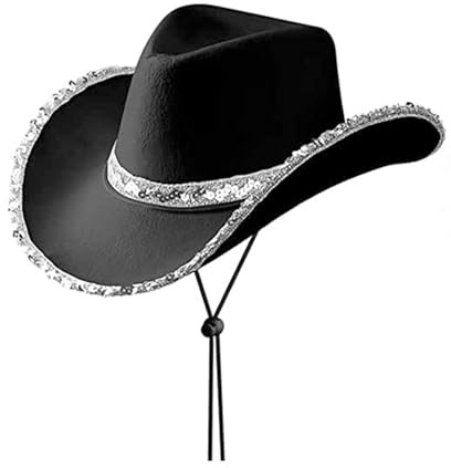 AYNKH Sombrero de vaquero negro con ribete de lentejuelas plateadas, disfraz de Halloween para mujer, sombrero de vaquera occidental, sombrero de vaquera de discoteca, para Halloween, carnaval, juego