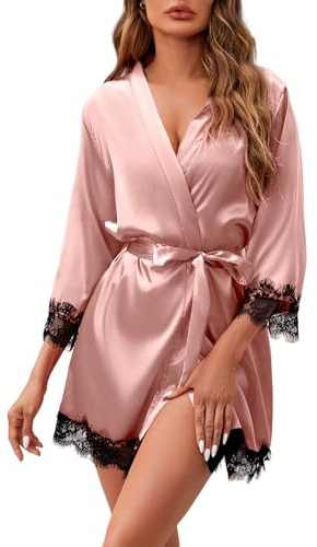 ESKTJH Silky for Women Short Robe Sexy Lace Kimono Dressing Gowns,Pink