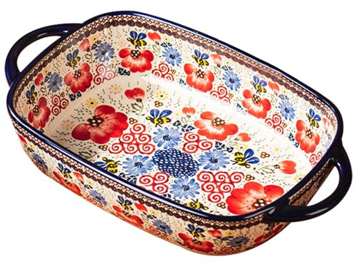 Baking Dish, 730ml Heat-resistant Ceramic Oven Dish with Dual Handles, Flower Print Rectangle Lasagne Dish, Non Slip Washable Casserole Dishes for Oven, Small Baking Dish