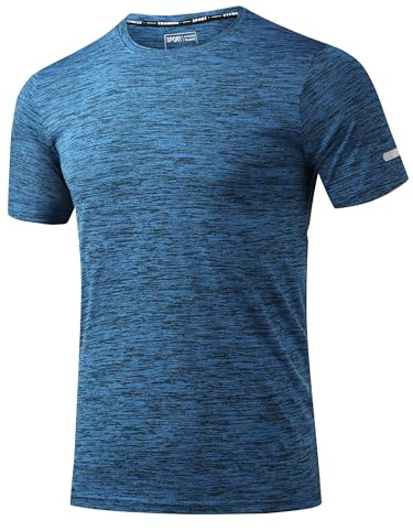 Peakwell Homme Tee Shirts T-Shirts à Manches Courtes Sport Running Gym Shirts avec Bandes Réfléchissantes, Bleu Moyen, M