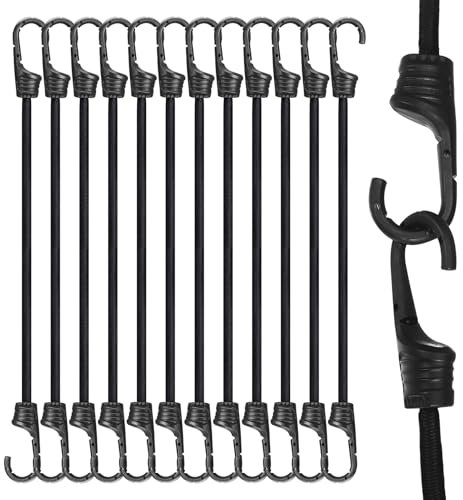 Xialvyu 12 Stück Spanngummi mit Haken, 30 cm, Schwarz, Universal für PKW, Geländewagen & mehr, Latex & Gummi, Robuster Gummispanner mit Haken für Gepäck, Dachträger, Camping, Anhängerplane, Camping