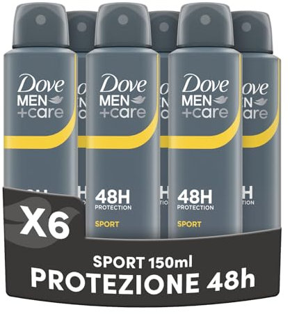 Dove Men Care, Deodorante Uomo Spray, Classic Sport, Antitraspirante, Protezione Fino a 48 Ore, Profumazione Agrumata, Formula Delicata sul Microbioma della Pelle, 6 Pezzi da 150 ml