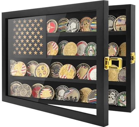 Military Challenge Coin Display Case, Lockable Military Coin Holder Cabinet with Removable Star Board & HD Tempered Glass Door, 100% Solid Wood Wall Mount Coins Collection Rack Stand (Black)