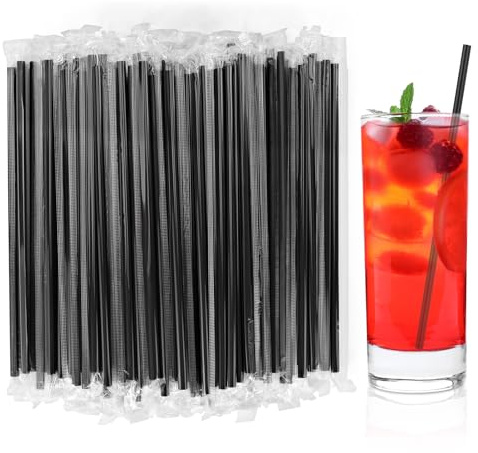 [Individually Wrapped] 100Pcs Disposable Plastic Straws - 8.26 Inches Long 0.24 inch Black Drinking Straws for Hot/Cold Drinks,Juice,Coffee,Cocktail