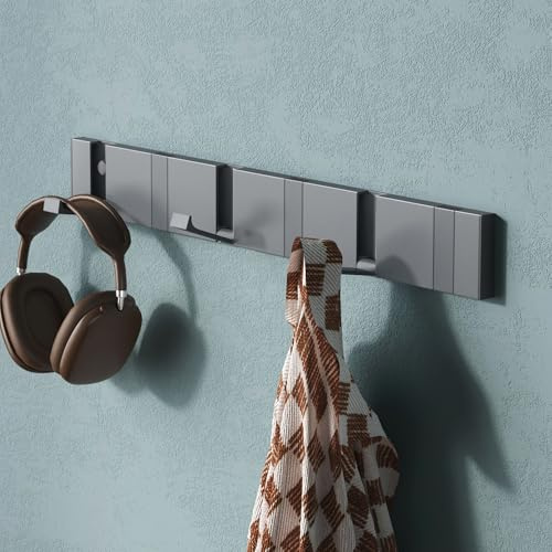 Mai & Mai Wandgarderobe Wandhaken aus Aluminium Garderobe mit 6 klappbaren Haken Garderobenleiste Garderobenhaken Kleiderhaken 45,5cm Grau