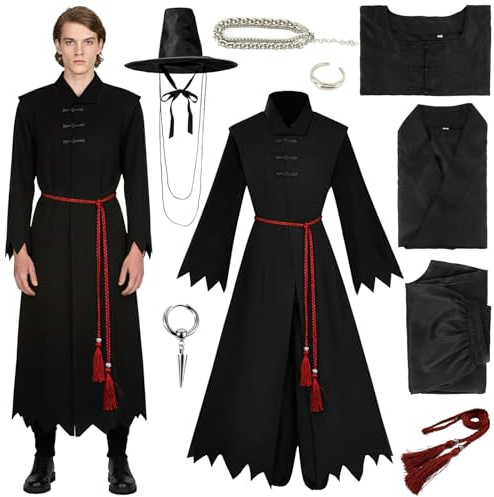 Disfraz Carnaval para Hombre, Disfraz Cosplay Adultos con Camisa, Pantalones, Capa, Sombrero y Accesorios a Juego, Atuendo Oscuro y Misterioso para Halloween Carnaval Fiestas Temáticas Disfraces (M)