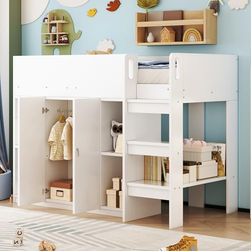 ECLIVON Cama Infantil Litera 90x200 con Armario y Escalera para Niños y Niñas, Cama Alta con Espacio de Almacenamiento y Rstante, Cama de Casa con Protección Anticaídas y Somier, Sin Colchón (Blanco)