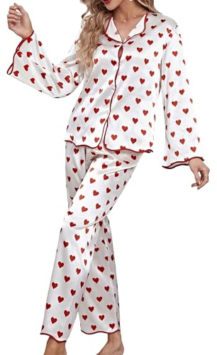 Acrawnni Women's Valentine Satin Pajama Set Heart Print PJ Set Sexy Button Down Long Sleeve Pants 2 Piece Loungewear (A-White, S)