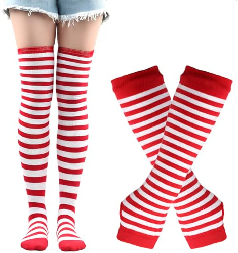 YOFDAL Calentadores de Brazos y Piernas,Calcetines Medias Hasta Rodilla a Rayas Rojas y Blancas,Guantes Sin Dedos para Mujer