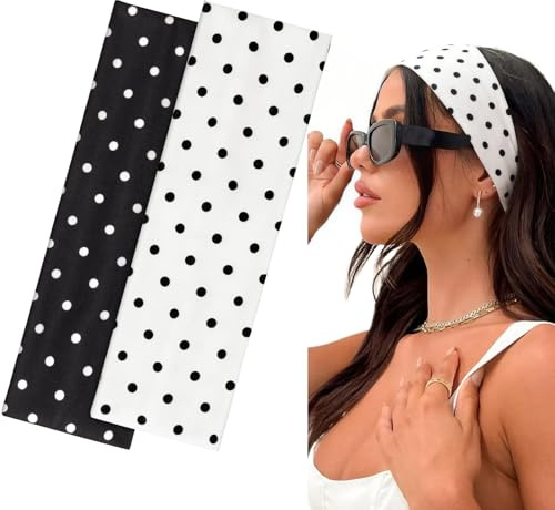 BELEVO Bandeau Cheveux Femme Homme Sport, 7cm Headband Elastique Bandeaux Mode pour Femmes Antidérapant Yoga Running Fitness Exercice (Pois Noirs et Blancs)