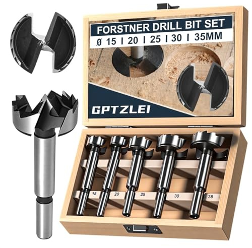 Juego de Brocas Forstner para Madera 5 Piezas con Caja de Madera – 15/20/25/30/35 mm – Broca para Bisagras Cazoleta 35 mm – Corte Preciso Fondo Plano – Para Taladro y Banco Carpintería DIY