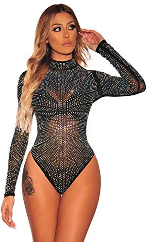 NBBNYJ Body Nero Donna Elegante Vintage Bodysuit Estivi Mesh Daimonds Manica Lunga Blusa Camicie Top Tuta Abbigliamento Nero-4 L