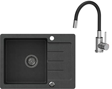 VBChome Spüle Schwarz mit Armatur 60 x 44 cm mit Spültischarmatur Granit Einzelbecken Einbauspüle gesprenkelt reversibel Verbundspüle + Siphon Wasserhahn Einhebel
