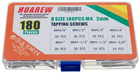 HUAREW 8 storlekar 180 st # 8 x 3/8 tums-#8x1-5/8 tum M4,2 mm 304 rostfritt stål runt huvud kors infälld självtappande skruv sorteringssats