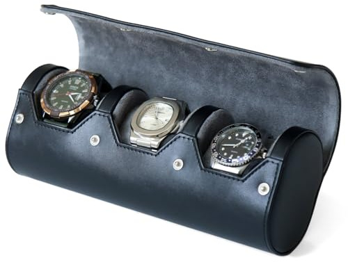 Besforu watch box organizer for mens watch case travel roll Portable 3 Watch Display Storage with Velvet Sections to Holder Large Watch (Black)