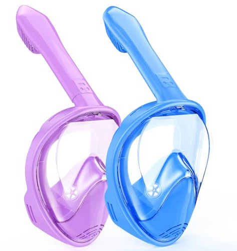 Kids Snorkel Mask Full Face, Snorkeling Gear for Kids 2-14 with Camera Mount, 180 Degree Panoramic View Snorkeling Set Anti-Fog Anti-Leak (Purple Blue)