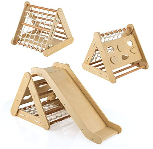 COSTWAY 4 in1 Set Arrampicata per Bambini, Triangolo Arrampicata Bambini con Scivolo, Giocattoli da Arrampicata in Legno con Rete, Carico 50kg, 1 Anni+ (Naturale)