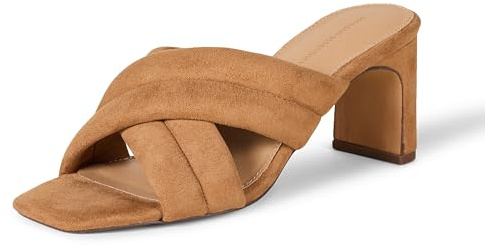 Amazon Essentials Women's Crossover Block Heeled Sandal with Padded Straps and Memory Foam Insole, Tan Faux Microsuede, 9